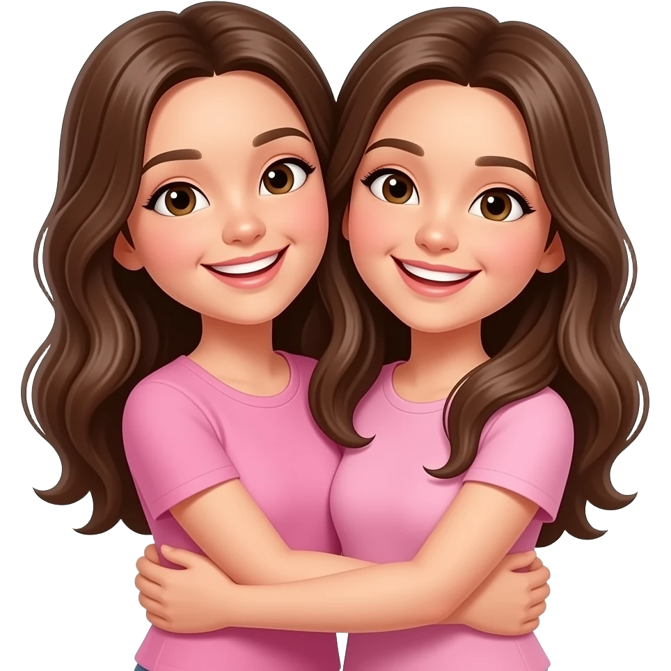 Two sisters long hair smiling  hugging wearing pink clothes emoji