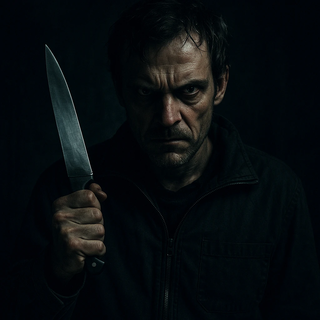 a menacing killer holding a knife, dramatic lighting, intense expression, horror movie vibe emoji