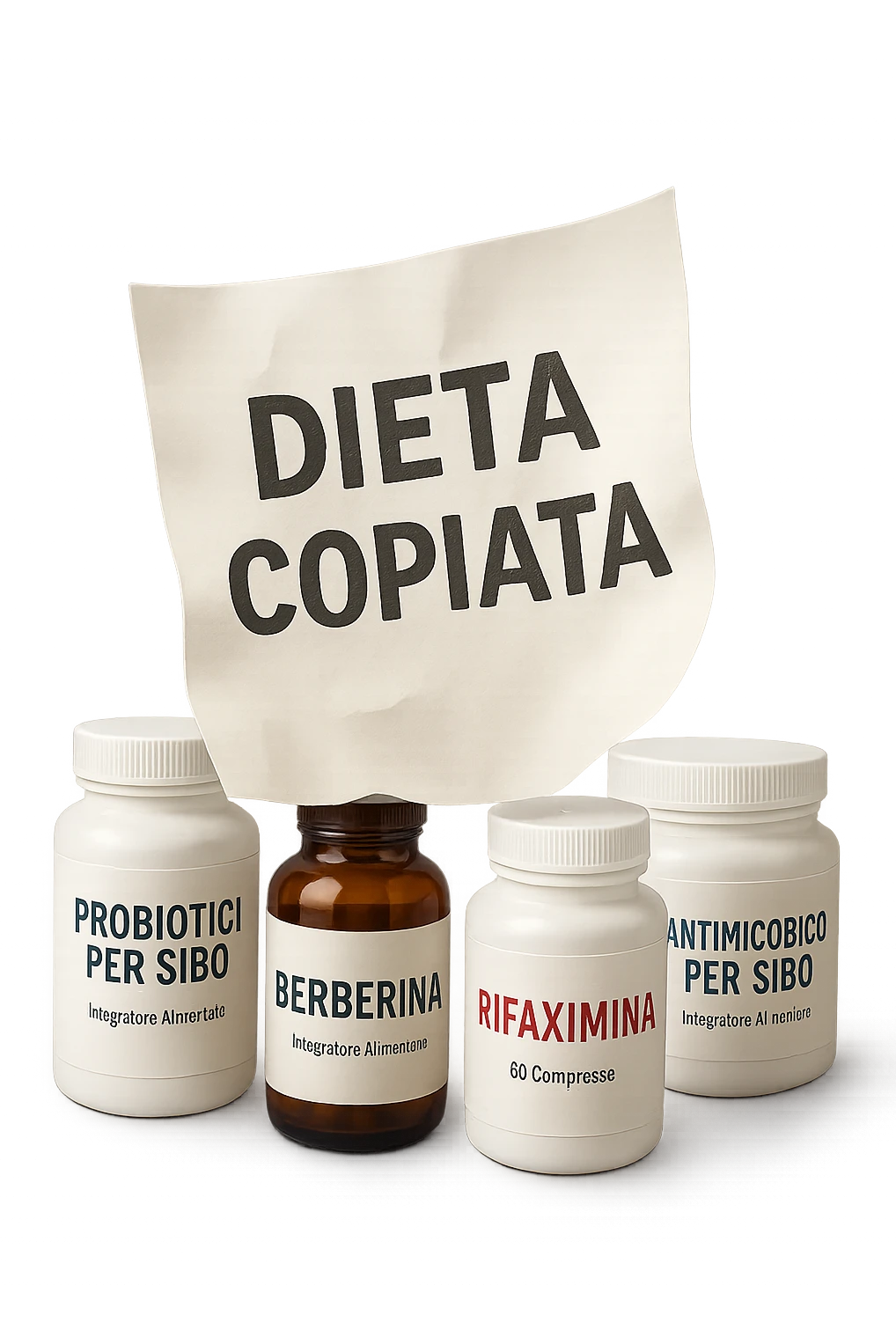 FOGLIO DI CARTA FLUTTUA IN ARIA CON LA SCRITTA "DIETA COPIATA", INSIEME A BARATTOLI DI INTEGRATORI PER CURARE IL SIBO IN ITALIANO, IPERREALISTICO 4K, NON DISEGNATO emoji