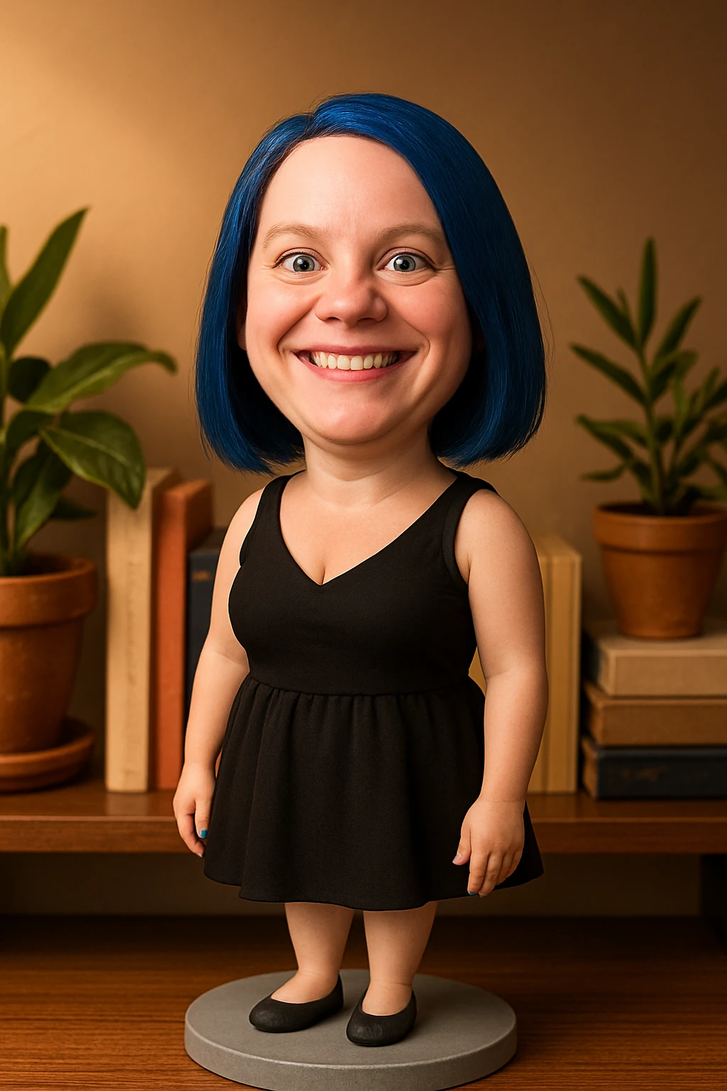 Woman with dark blue hair and blue fingernails standing on a sidewalk emoji