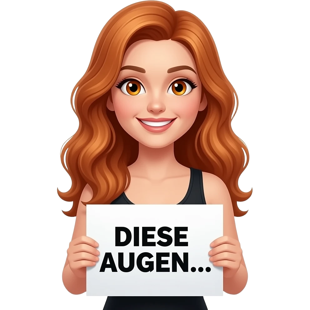 sexy girl with long wavy ginger hair and ginger eyes wearing a black tanktop is holding a white sign with DIESE AUGEN... written on it emoji