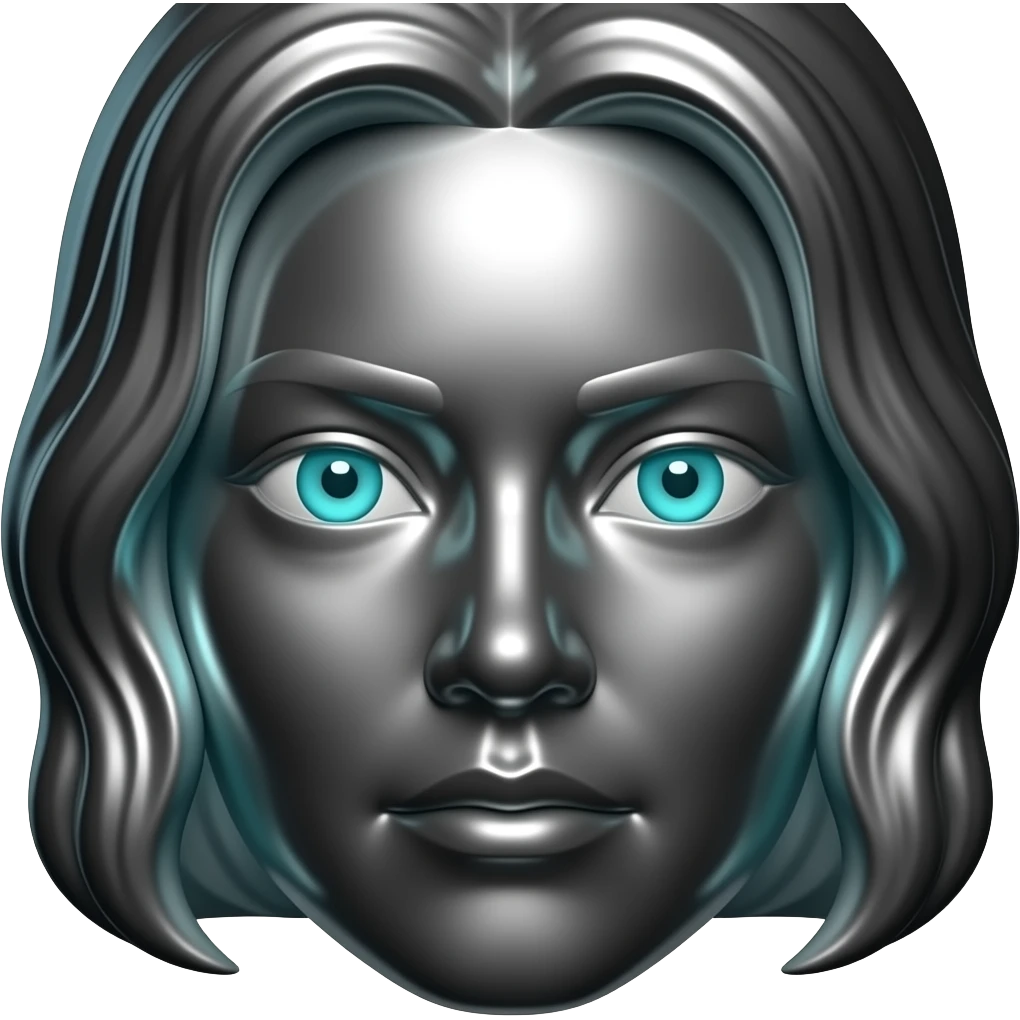 "A polished chrome chinese woman with narrow eyes statue head, front-facing, serious focused expression, glowing cyan (#00D4B1) eyes, dark background. Metallic reflections with subtle cyan light accents. Clean, no background, emoji style, high detail. emoji