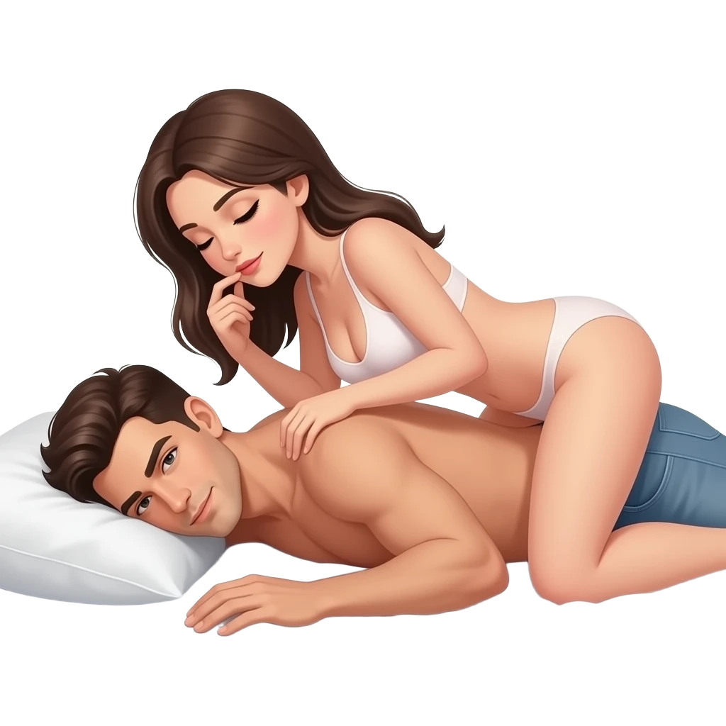 A naked adult girl have sex with an adult boy also the adult boy is naked on the bed the girl is bending over while the boy is sticked to his butt emoji
