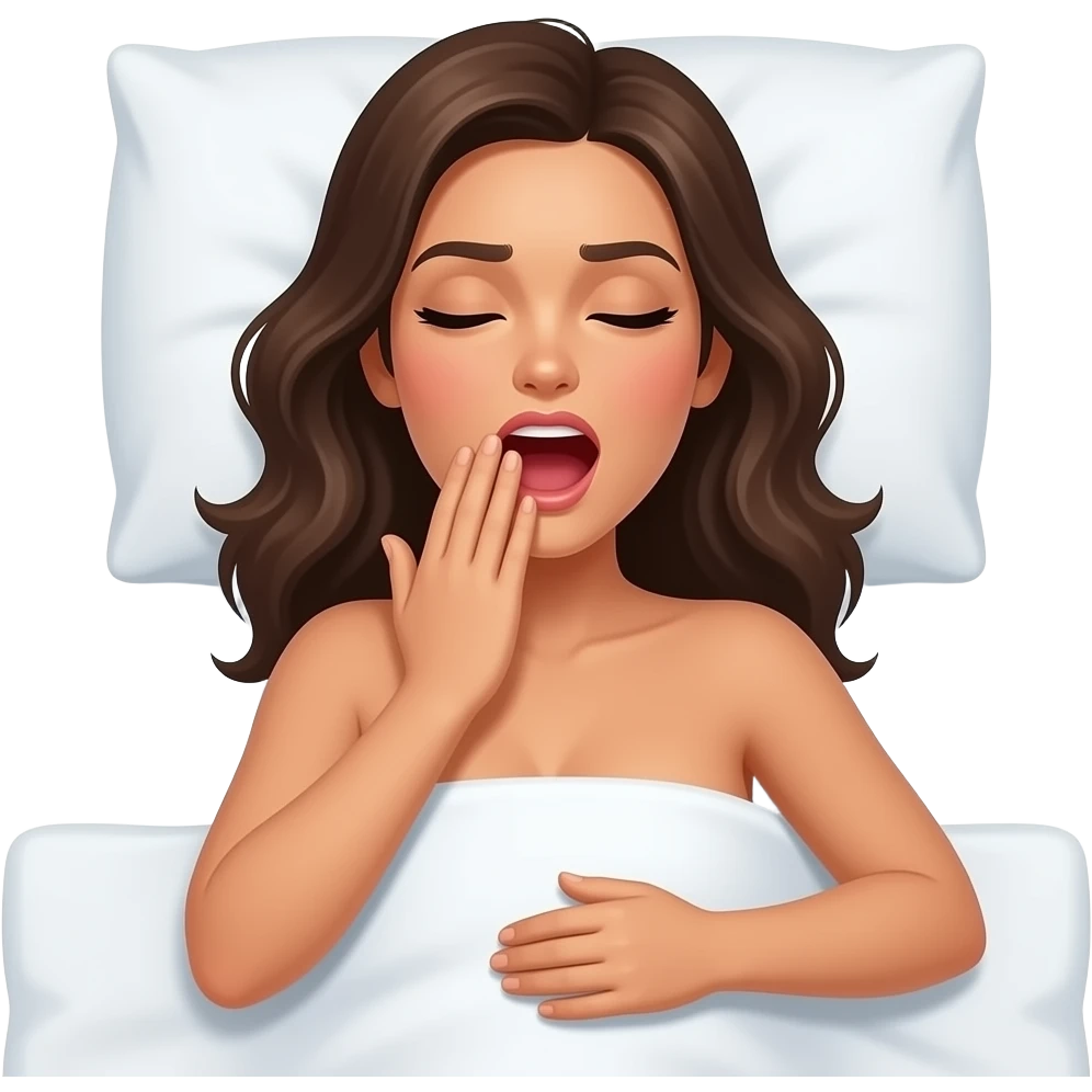 top view of a tanned shirtless woman waking up in bed yawning with her hand over her mouth emoji