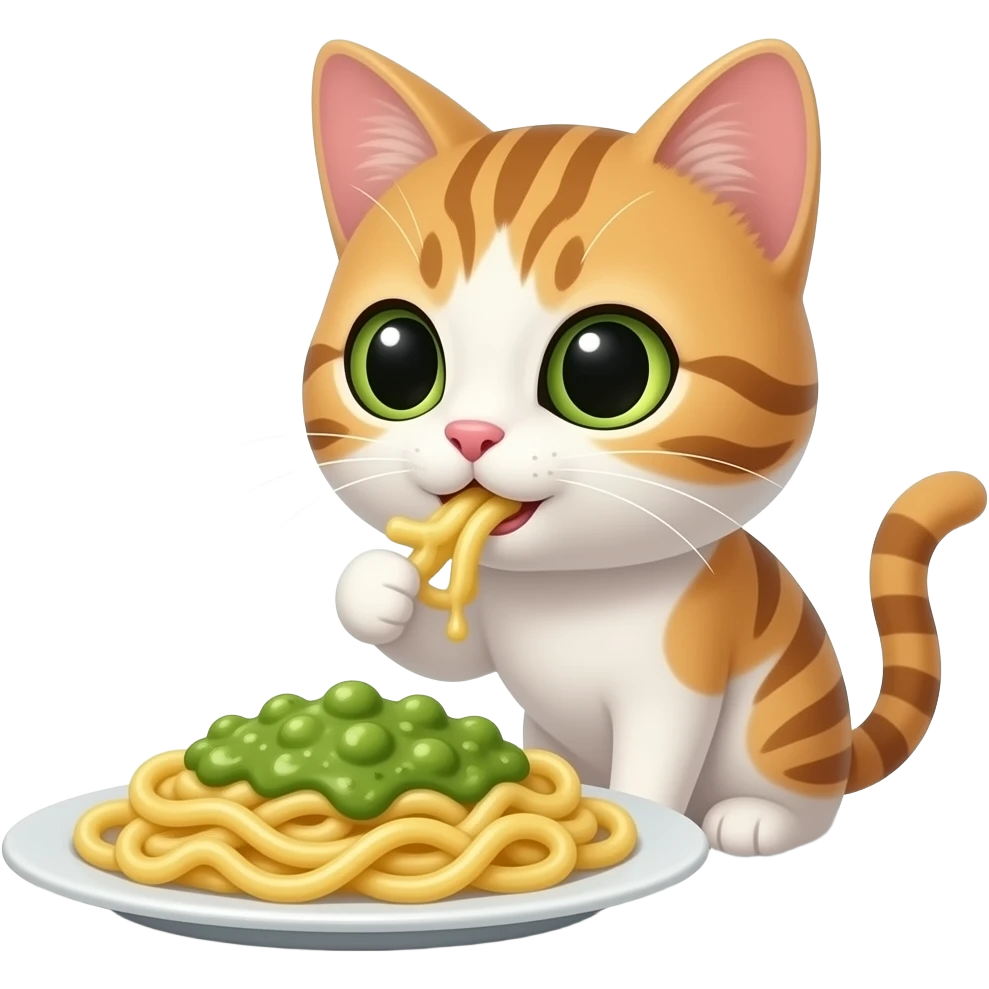 Pesto pasta being eaten by a tiny cat emoji