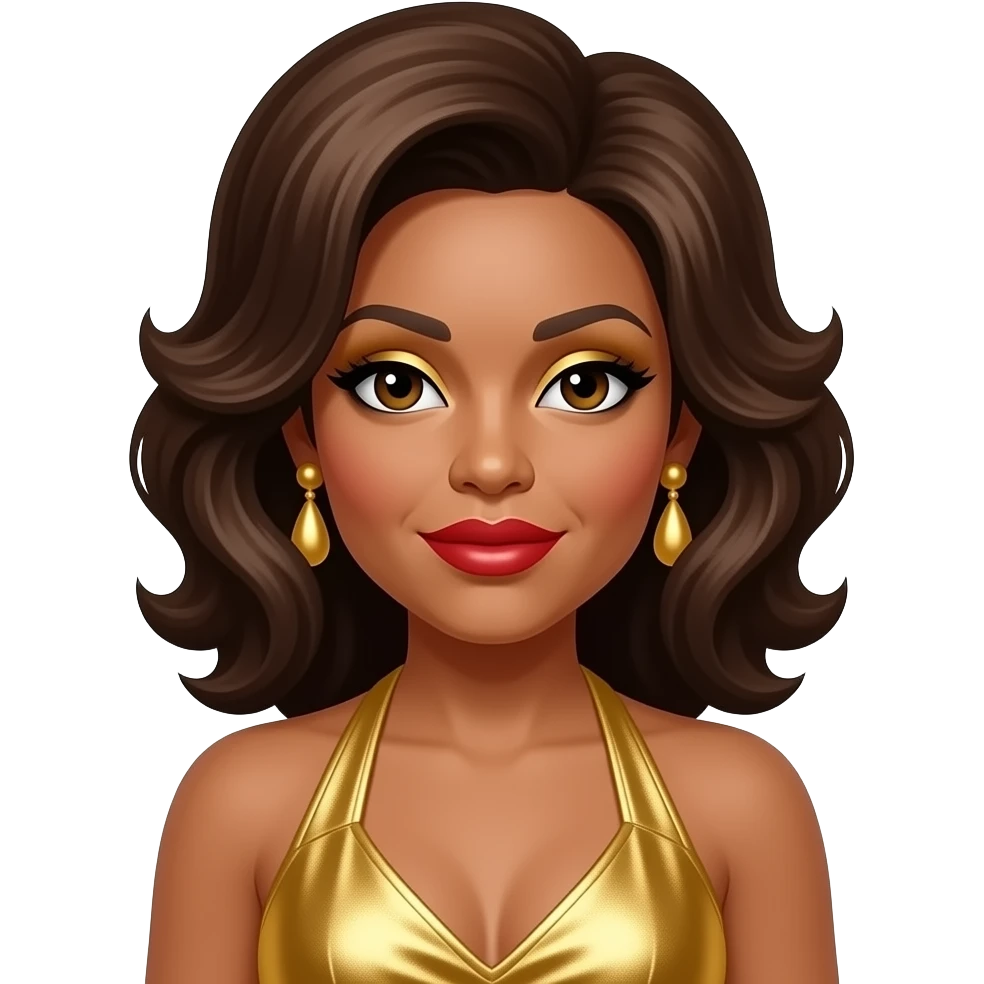 Tina Turner with dark brown eyes, long brown 60s beehive hair, gold eyeshadow, red lipstick, gold metallic halter dress, gold earrings emoji