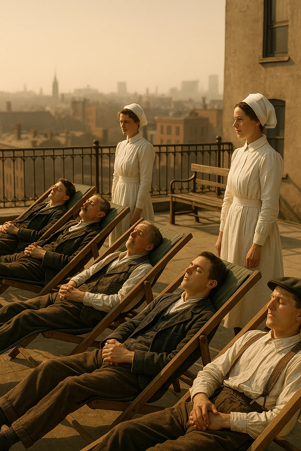 A realistic cinematic image of a hospital rooftop solarium from the 1900s, patients sunbathing under nurse supervision for heliotherapy against tuberculosis and rickets. emoji