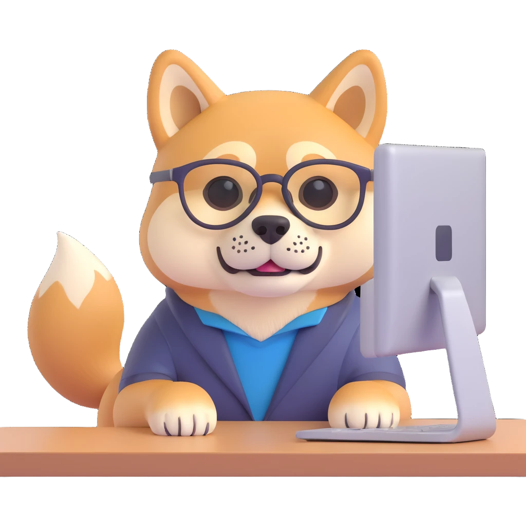 shiba inu with eye glasses and computer emoji