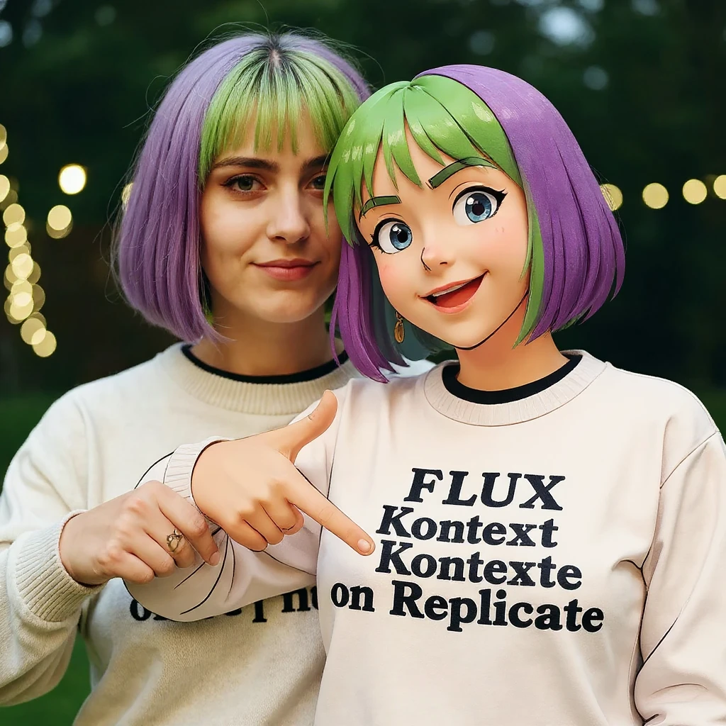 make a image of a girl with a anime version of that girl beside her wearing tshirt with text of "FLUX Kontext" emoji