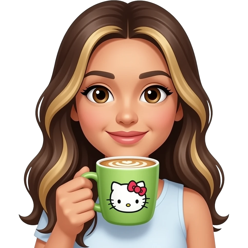 Filipina with long hair blonde highlights Hello kitty drinking  latte in green cup emoji