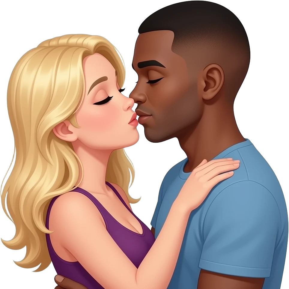 Blonde woman with black bald boyfriend making sweet love emoji