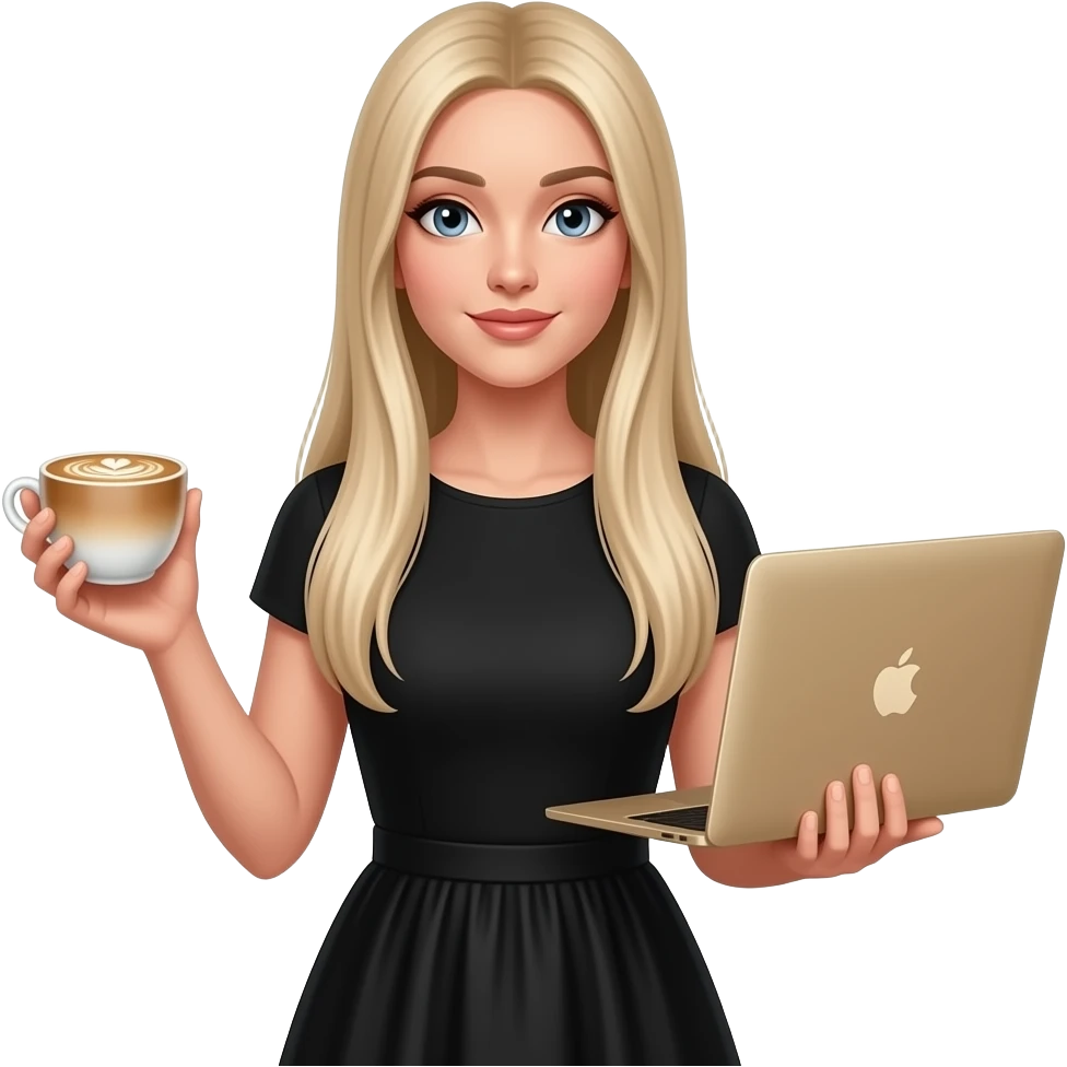 grey eye woman, In black dress, with long straight blond hair down to the hips, with light ombré with late art coffee and MacBook gold in other hands emoji