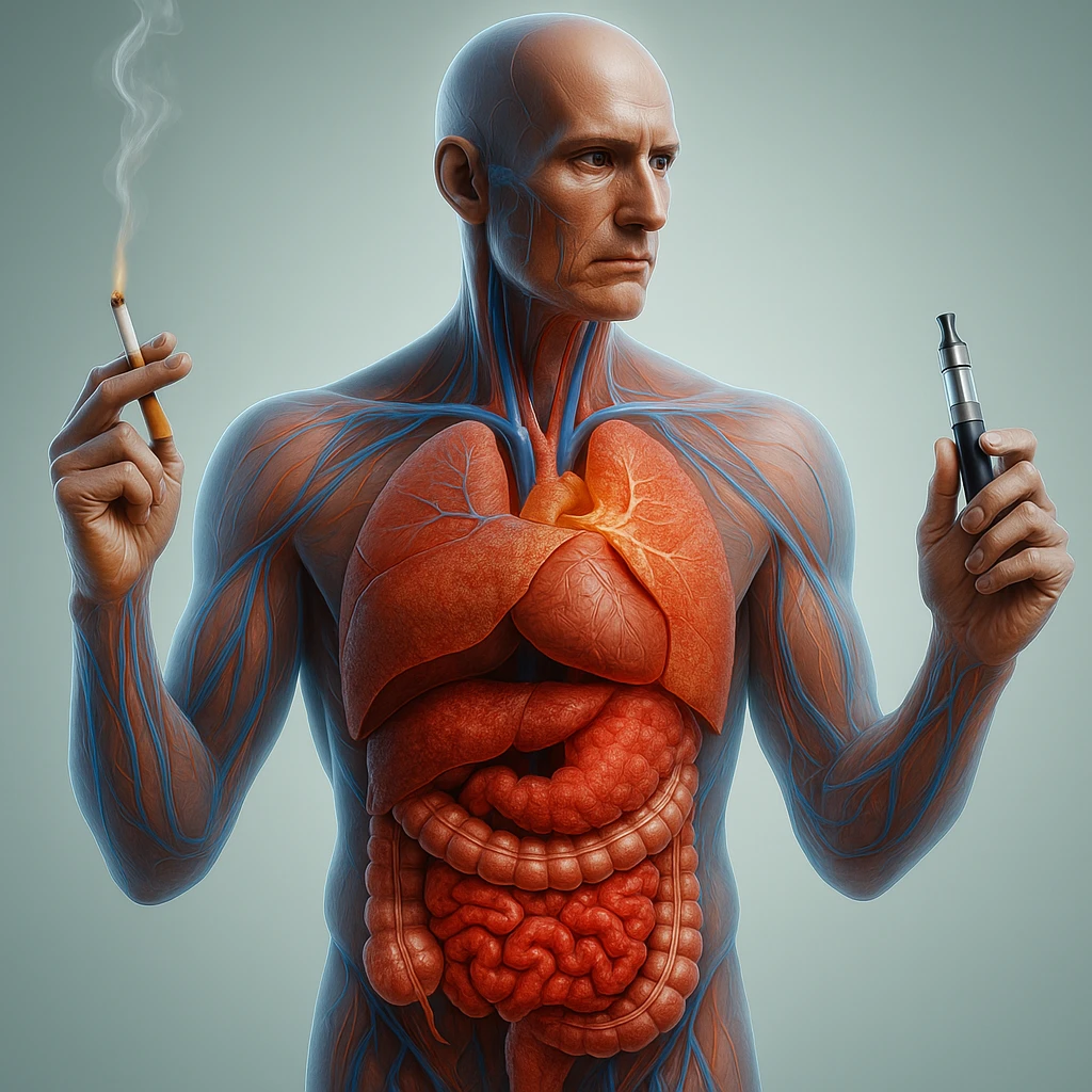Medical illustration, hyperrealistic 4K, realistic anatomical human body, inflamed liver and intestine highlighted, holding a lit normal cigarette in the right hand and an electronic cigarette in the left hand, clear background, extremely detailed, same lighting and style as the reference image. emoji