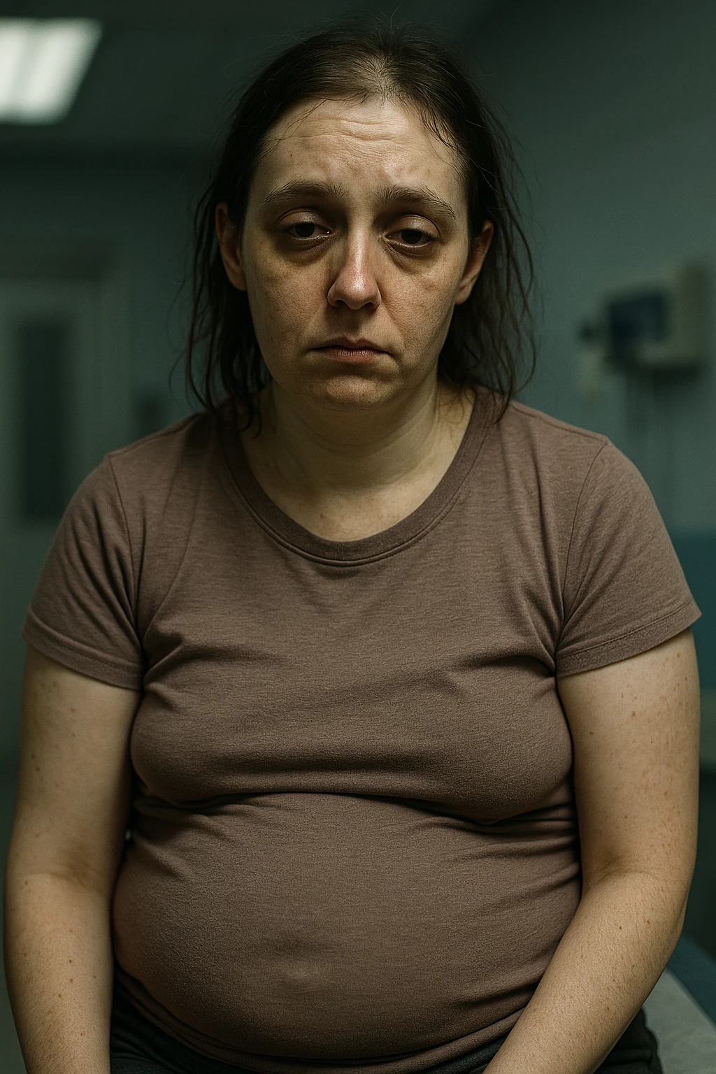 realistic portrait of a woman with PCOS, debilitated appearance, evident symptoms like dull skin, dark circles, thinning hair, abdominal bloating, fatigued posture, clinical atmosphere, detailed realism, dramatic lighting, vertical 2:3 aspect ratio, no captions emoji