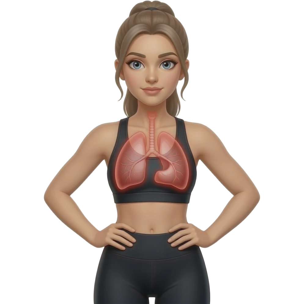 red glow on left and right lung area, woman with hands on ribs, fair-skinned woman, gray-blue eyes, ash brown brows, ash light brown hair tied back, slim athletic body, black workout set emoji