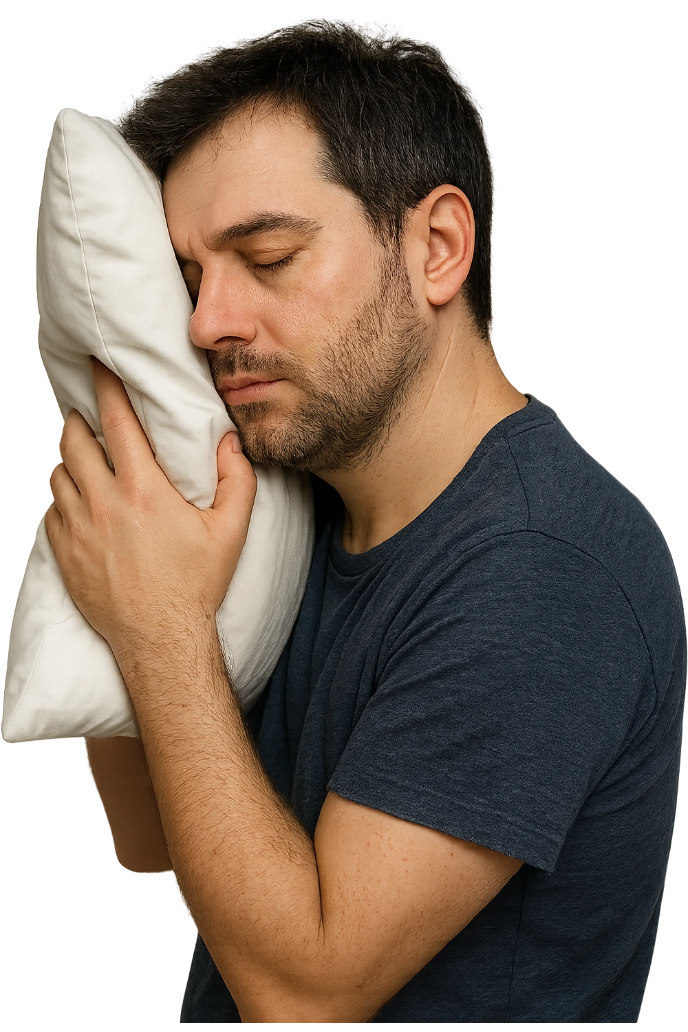 uomo di profilo assonnato che si tiene un cuscino contro la testa, occhi chiusi, iperrealistico 4k, isolato su sfondo bianco emoji