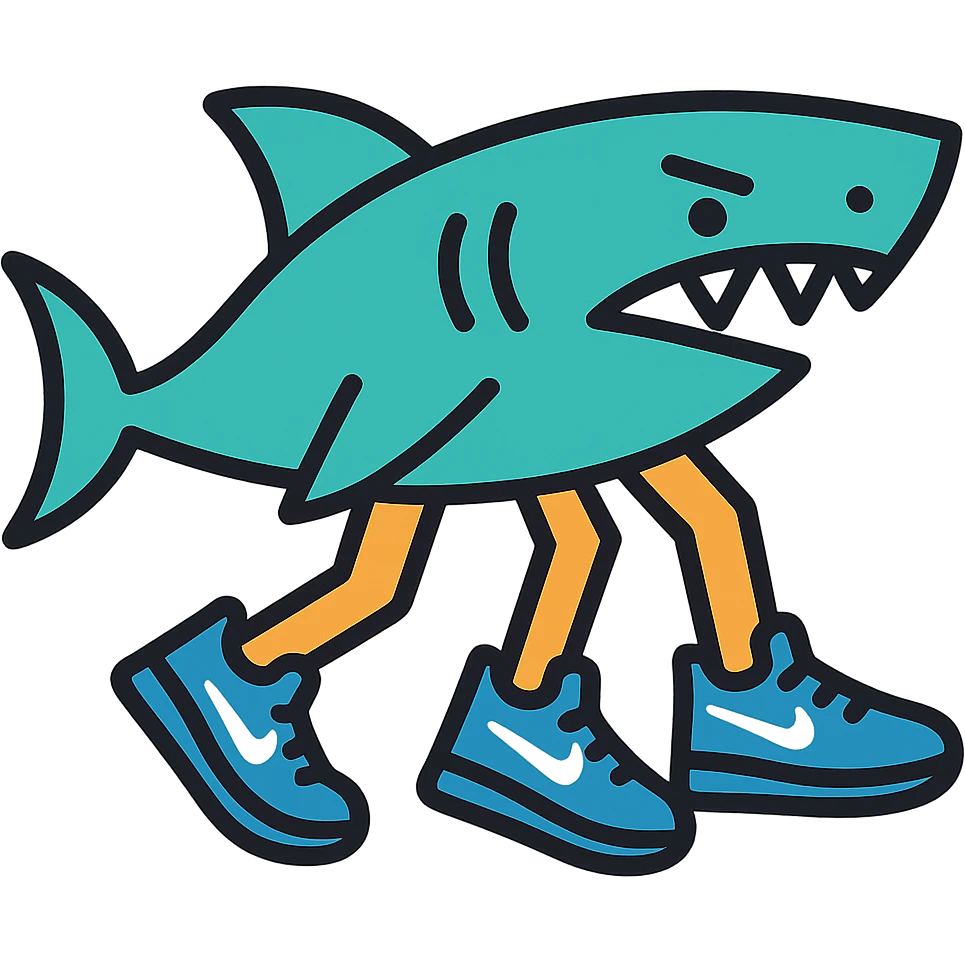 Haz que las zapatillas sean azules, mantén el estilo icono lineal, fondo transparente, el tiburón sigue con tres patas y el logo Nike blanco en las zapatillas. emoji