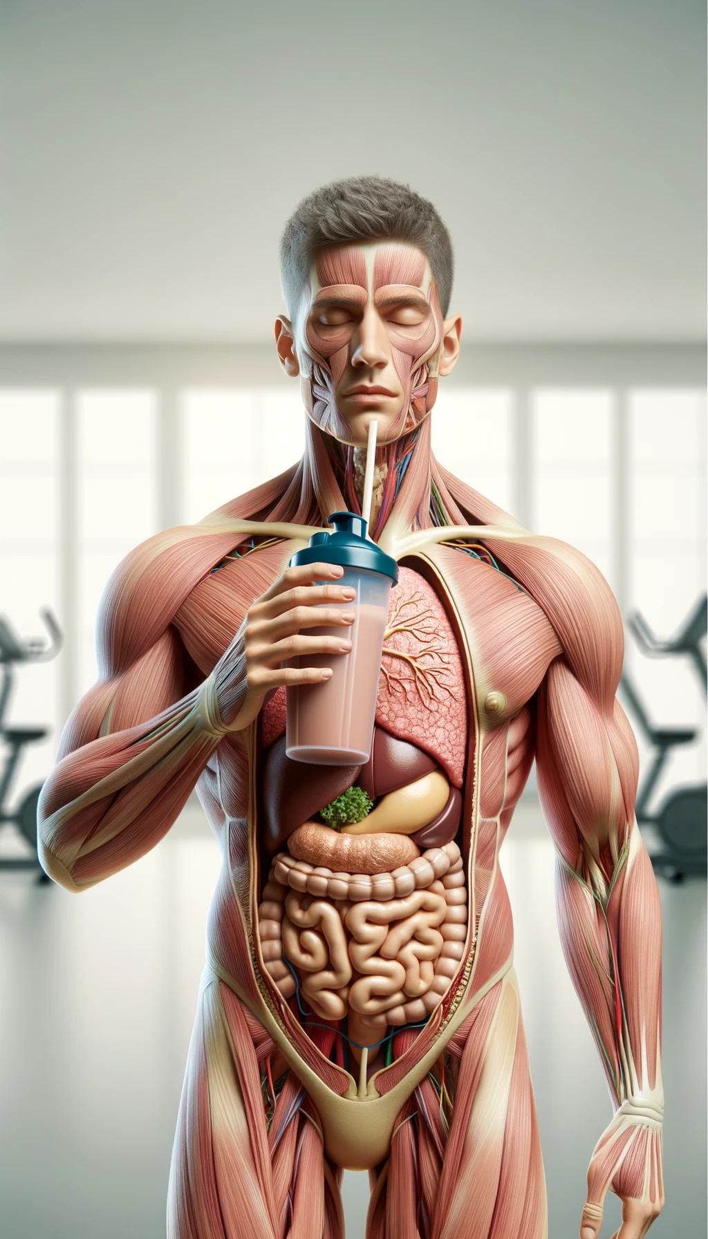 CORPO UMANO ANATOMICO CON OCCHI CHIUSI MENTRE BEVE UNO SHAKER PROTEICO, ORGANI IN EVIDENZA, IPERREALISTICO SFONDO CHIARO NEUTRO CON PALESTRA SFOCATA SULLO SFONDO emoji