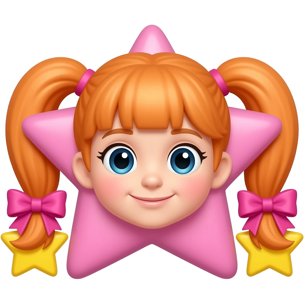 a pink star with orange pigtails tied with pink bows and yellow stars at the ends of each pigtail emoji