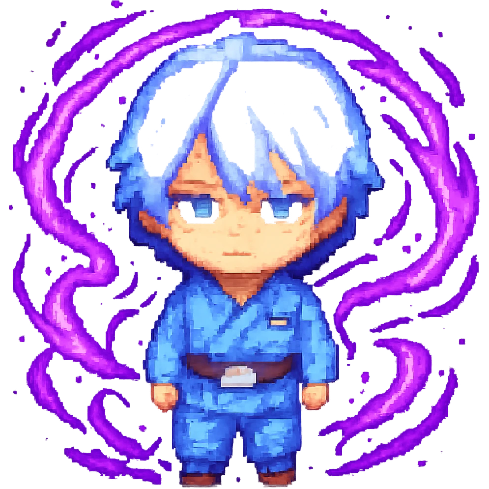 Add swirling purple energy effects around Gojo Satoru in pixel art style, preserving the transparent background. The energy should look dynamic and magical, enhancing the character's presence with vibrant purple hues and swirling motion. emoji