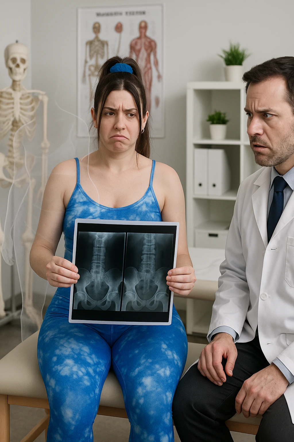 a person sits in a doctor’s office, holding medical imaging results (like X-rays or MRI scans) that appear normal. However, a subtle shadow or ghosted outline around their body reveals postural asymmetries—such as uneven shoulders or hips—that are not visible in the scans. The doctor looks puzzled, while the patient appears frustrated. emoji