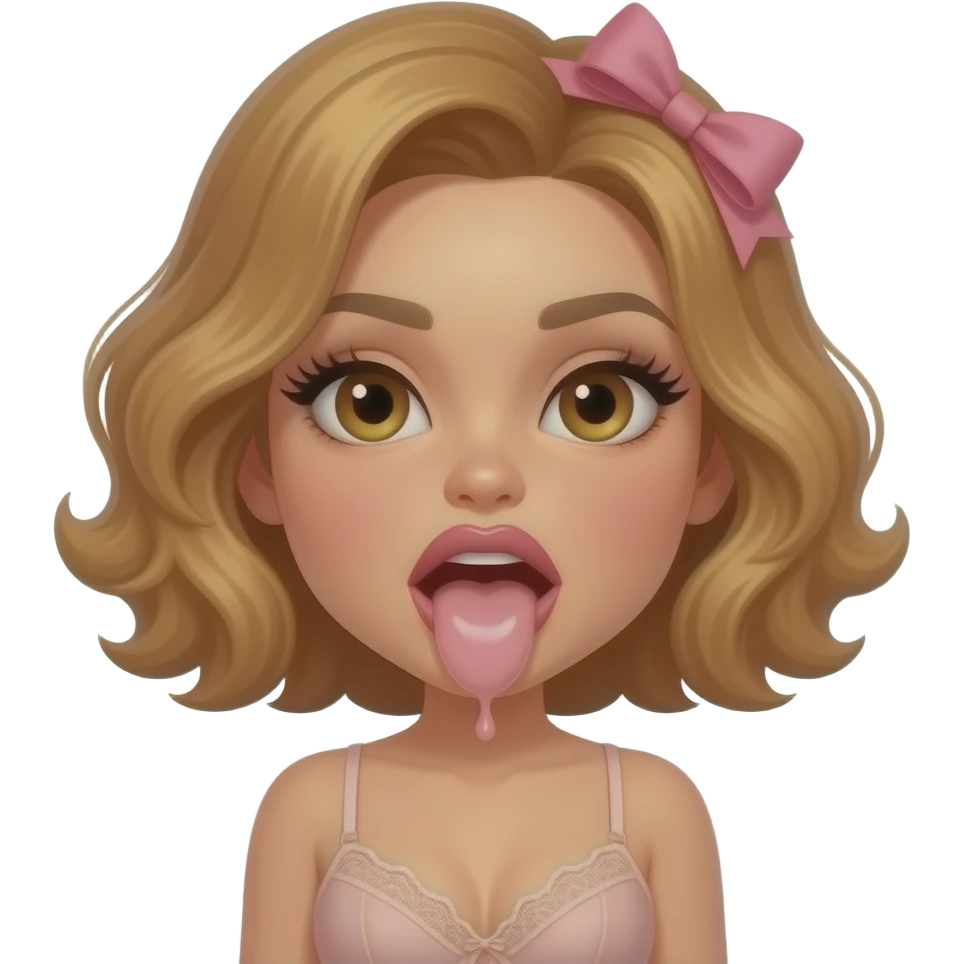 glamours,-tanned,-very-beautiful-woman-with-big-plump-rose-beige-lips,-long-lashes,-honey-silky-very short- hair,-wavy-hair,-with pink bow in hair -hazel-eyes-wearing-nude-lace-lingerie-nude-stilettos,-projectile-vommiting-puke emoji