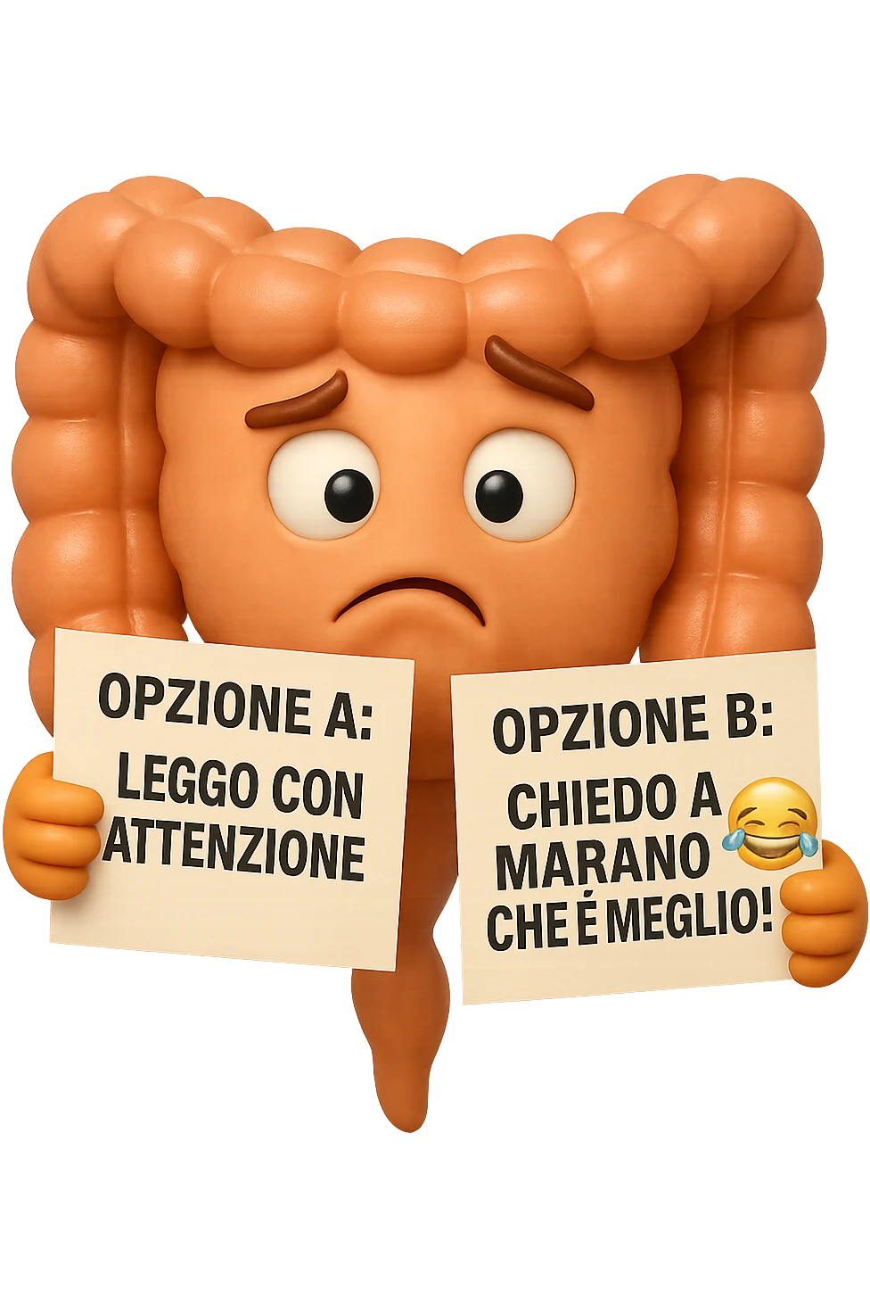 SU QUESTO STILE FAI UN EMOJI STILE IPHONE 3D DI UN INTESTINO CHE HA nella mano destra "OPZIONE A: LEGGO CON ATTENZIONE" E NELLA MANO SINISTRA" OPZIONE B: CHIEDO A MARANO CHE è MEGLIO! (METTICI UNO SMILE CON RISATE QUI)", FAGLI UN ESPRESSIONE CONFUSA MENTRE GUARDA L'OPZIONE A E FALLO MOLTO REALISTICO IN 3D emoji