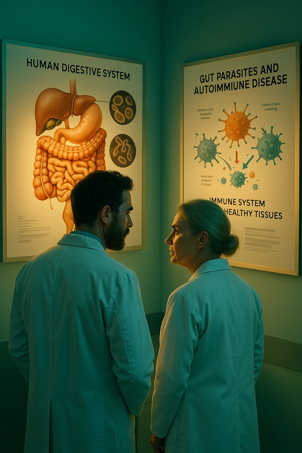 In italiano Realistic, detailed photo taken from behind of two doctors—a bearded man and a middle-aged woman—standing side by side in a modern medical office, intently studying a large, illuminated medical chart on the wall. The chart displays a detailed diagram of the human digestive system, highlighting the intestines and showing microscopic images of intestinal parasites. Next to it, another chart illustrates the immune system attacking healthy tissues, visually connecting gut parasites to autoimmune disease mechanisms. The room is bathed in a single green-blue color, with a warm, yellow-orange light casting soft shadows around the doctors. Both wear white coats and have serious, focused expressions, suggesting a deep discussion about the root causes of autoimmune conditions. Shot with a Canon EOS R5, with high detail, natural depth of field, and a clinical yet dramatic atmosphere. emoji