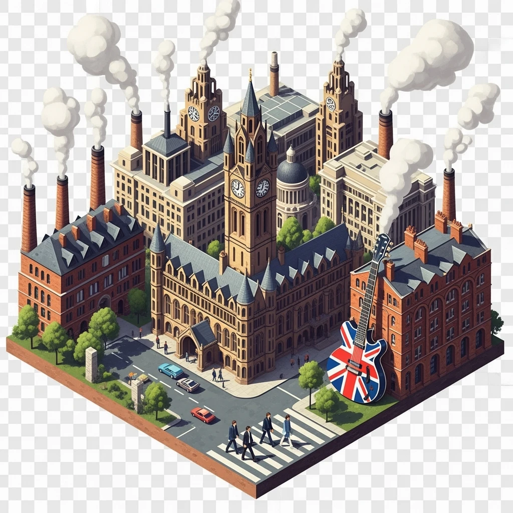 Isometric illustration of Manchester and Liverpool combined, Beatles references (Abbey Road sign), Manchester Town Hall, a Union Jack guitar and brick building in a miniature, toy-style factories, balanced between stylized painting and realistic,  transparent background emoji