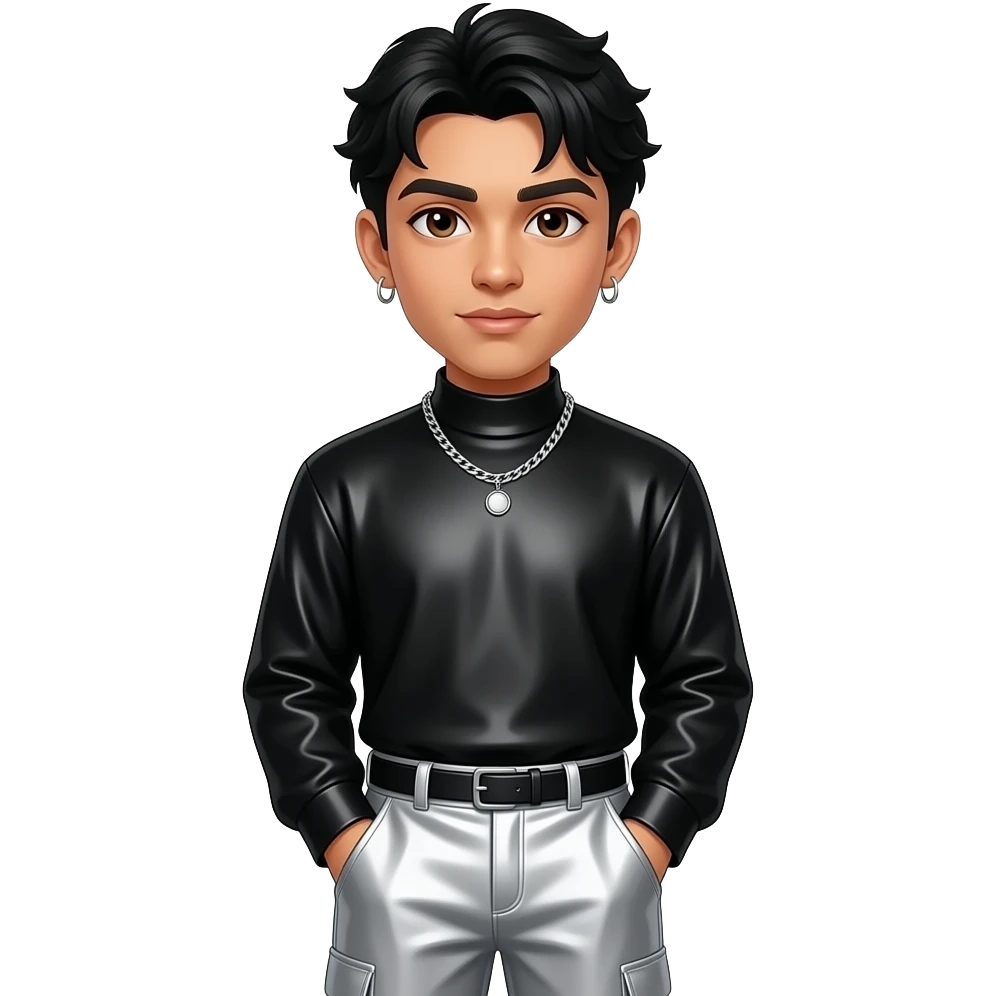 Rauw Alejandro with brown eyes, black hair, black metallic high neck shirt, silver metallic baggy pants, necklace and earrings emoji