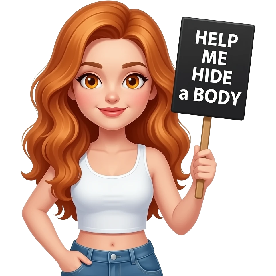 sexy girl with long wavy ginger hair and ginger eyes wearing a white tanktop is holding a black colored sign with HELP ME HIDE a BODY written on it emoji