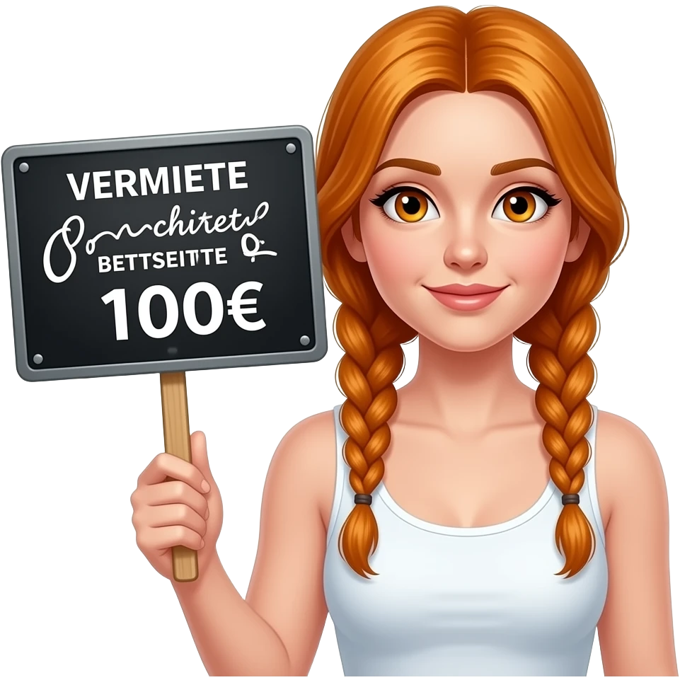 sexy girl with long ginger braids and ginger eyes wearing a white tanktop is holding a black sign with VERMIETE rechte BETTSEITTE 100€ kalt written on it emoji