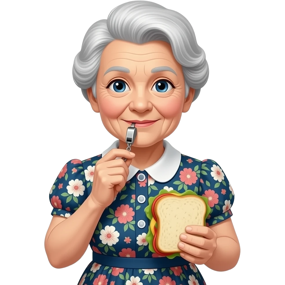 old lady with whistle and sandwich in a dress emoji