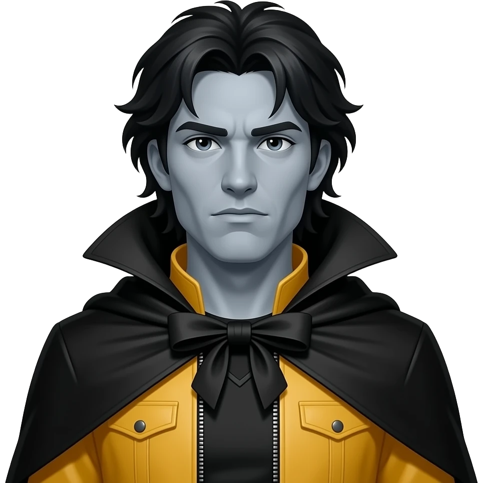 a Gray skined man with black crazy hair with a black cloke and yellow peuples emoji