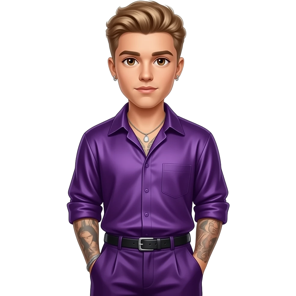 Justin Bieber with brown eyes, golden brown hair, dark purple silk shirt, dark purple silk baggy pants, necklace and earrings emoji