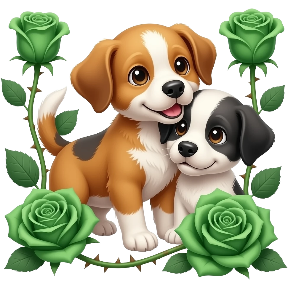 Puppies with emerald green roses and thorns emoji