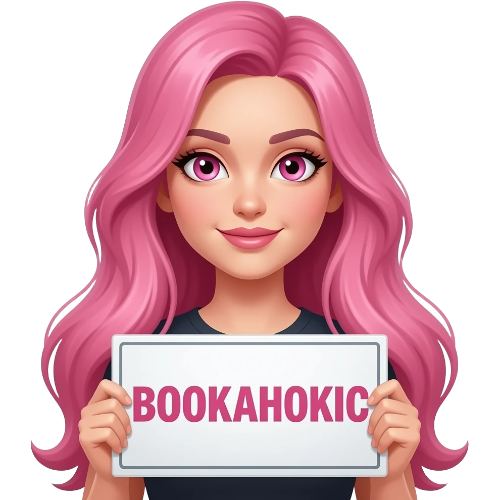 sexy girl with long pink hair and pink eyes  holding a BOOKAHOKIC sign emoji