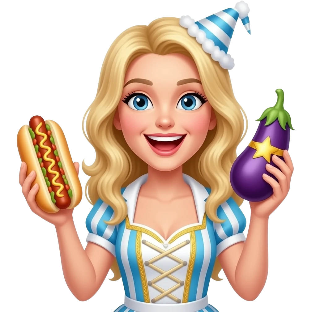 Blonde white woman with an eggplant hot dog celebrating a win emoji