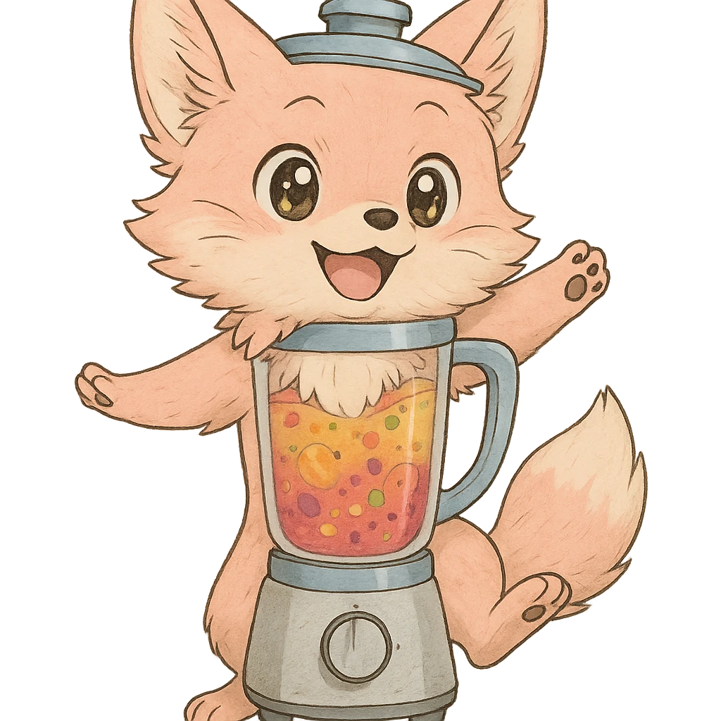 detailed full-body ghibli inspired chibi fox with pastel pink fur transformed into a blender, transparent body filled with luscious multi-fruit smoothie, expressive sparkling eyes, joyful dynamic pose, highly detailed emoji