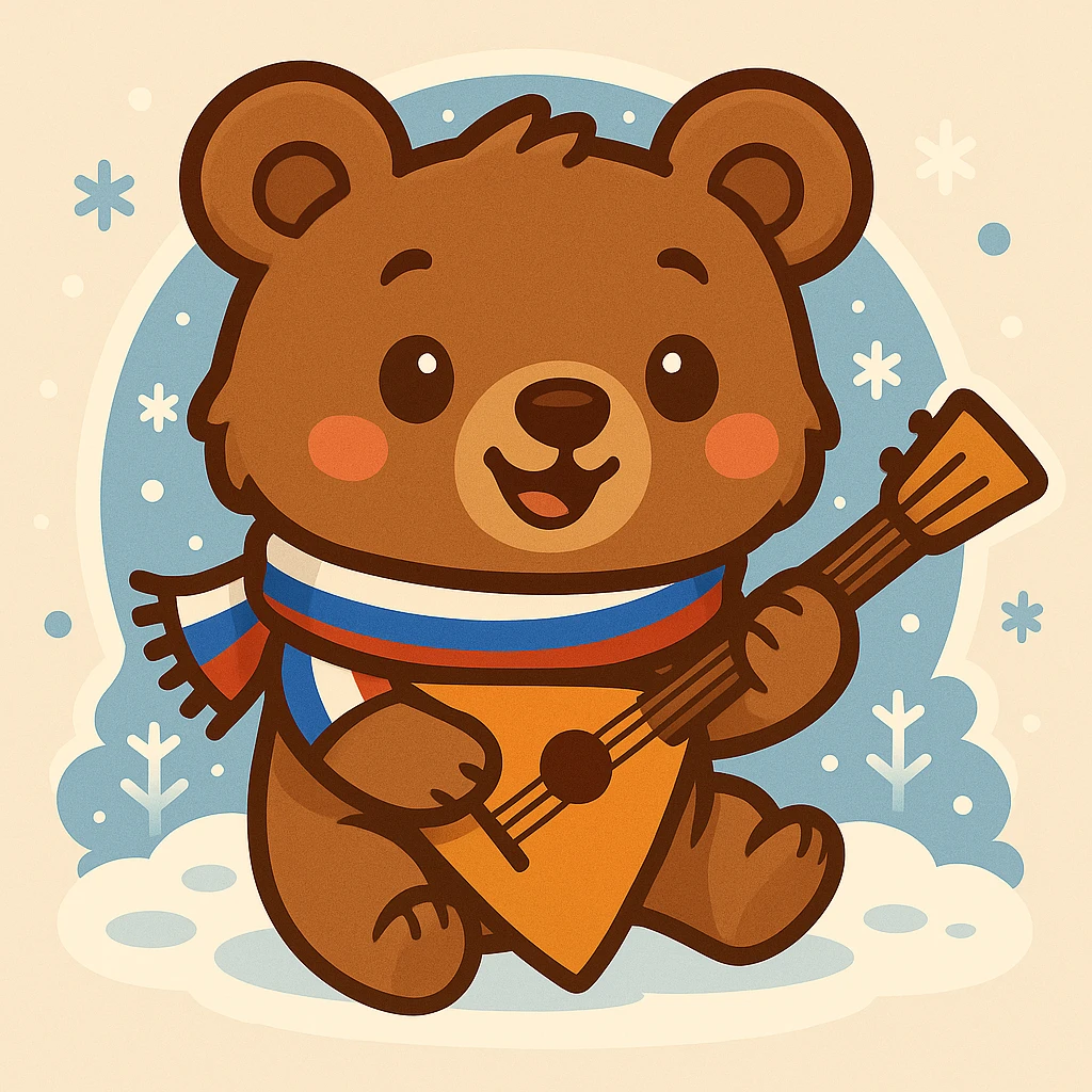 Incorporate Russian flag colors (white, blue, red) into the bear's scarf or balalaika, keeping the cartoon mascot style and snowy background. Maintain the cartoon mascot style with a snowy background and add the flag colors subtly to the scarf or balalaika. emoji