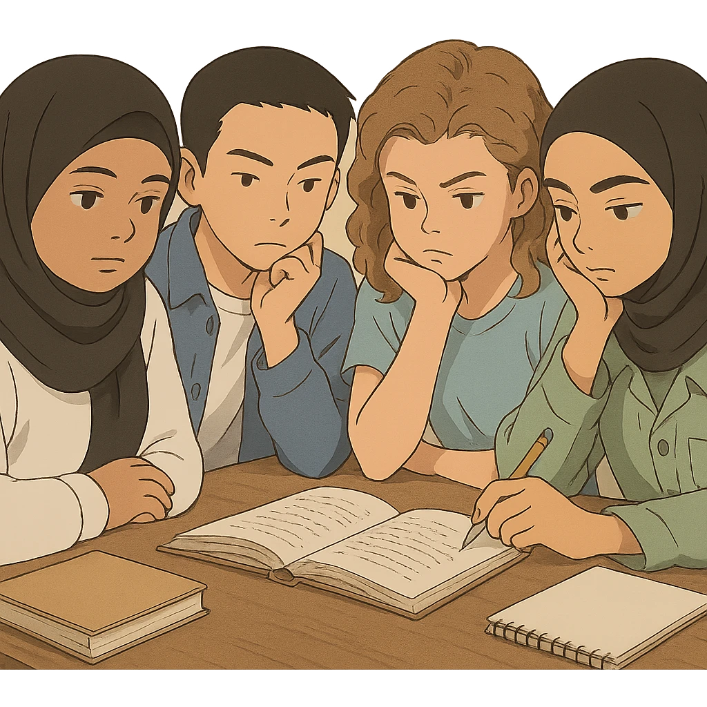 Illustration of four students inspired by the four provided faces, working together around a table in deep thought, studious atmosphere, soft colors, simple background, in Ghibli style. emoji