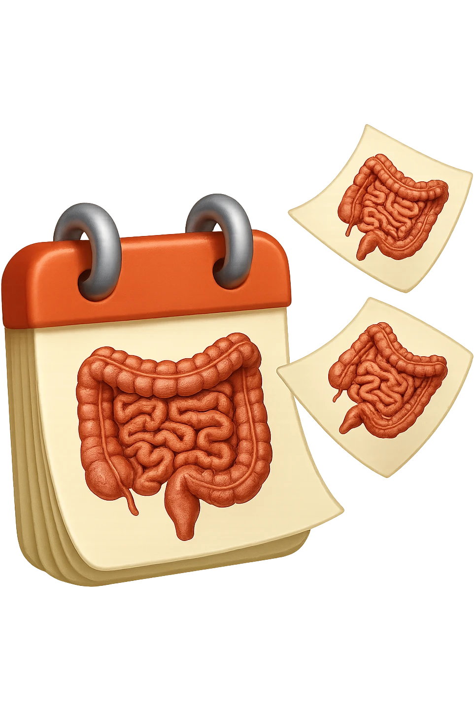 emoji stile iphone di un calendario con fogli che volano insieme, sui fogli ci sono disegnati degli intestini anatomici, iperrealistico 4k, isolato su sfondo bianco emoji