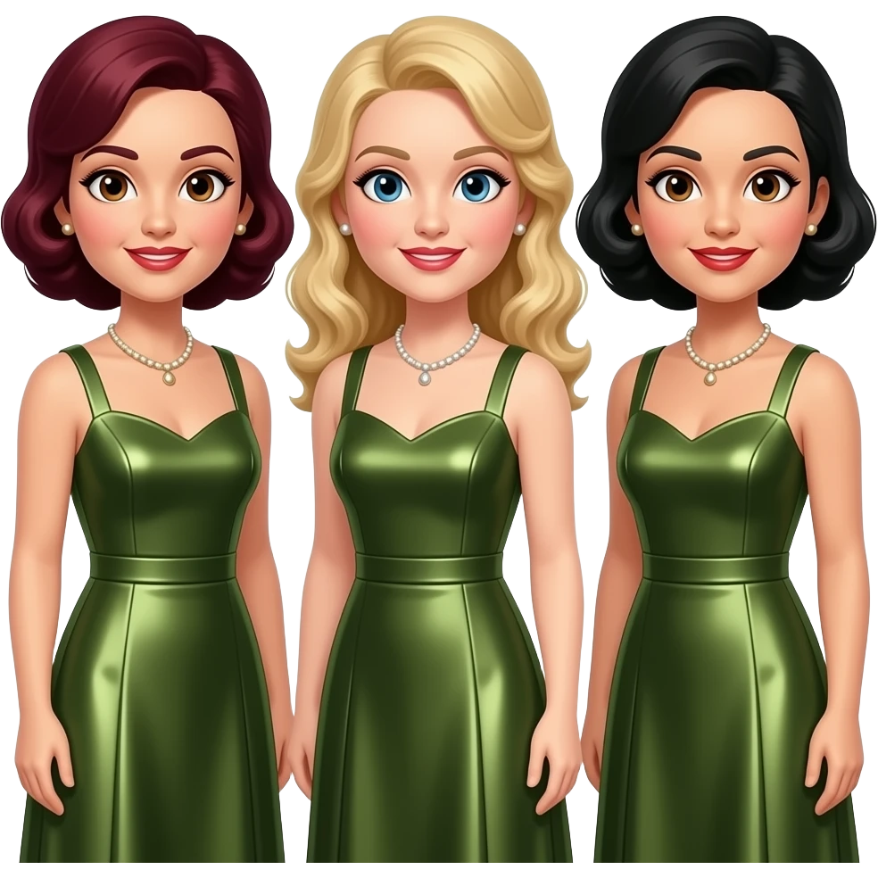The Andrews Sisters with LaVerne with dark red hair, brown eyes, Patty with blue eyes, blonde hair, Maxene with black hair, brown eyes, three olive metallic long dress emoji