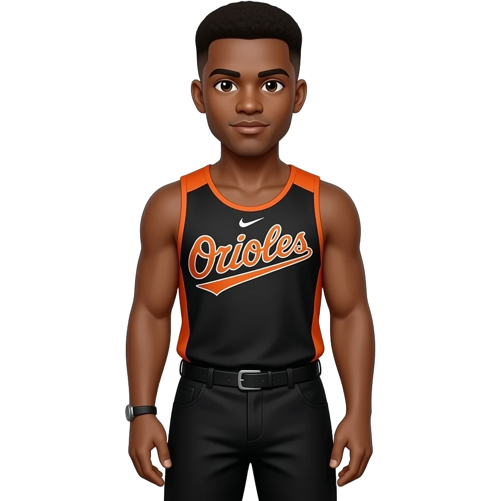 black skinned 22 year old man with a brown low taper fade in an orioles track tank top with black pants emoji