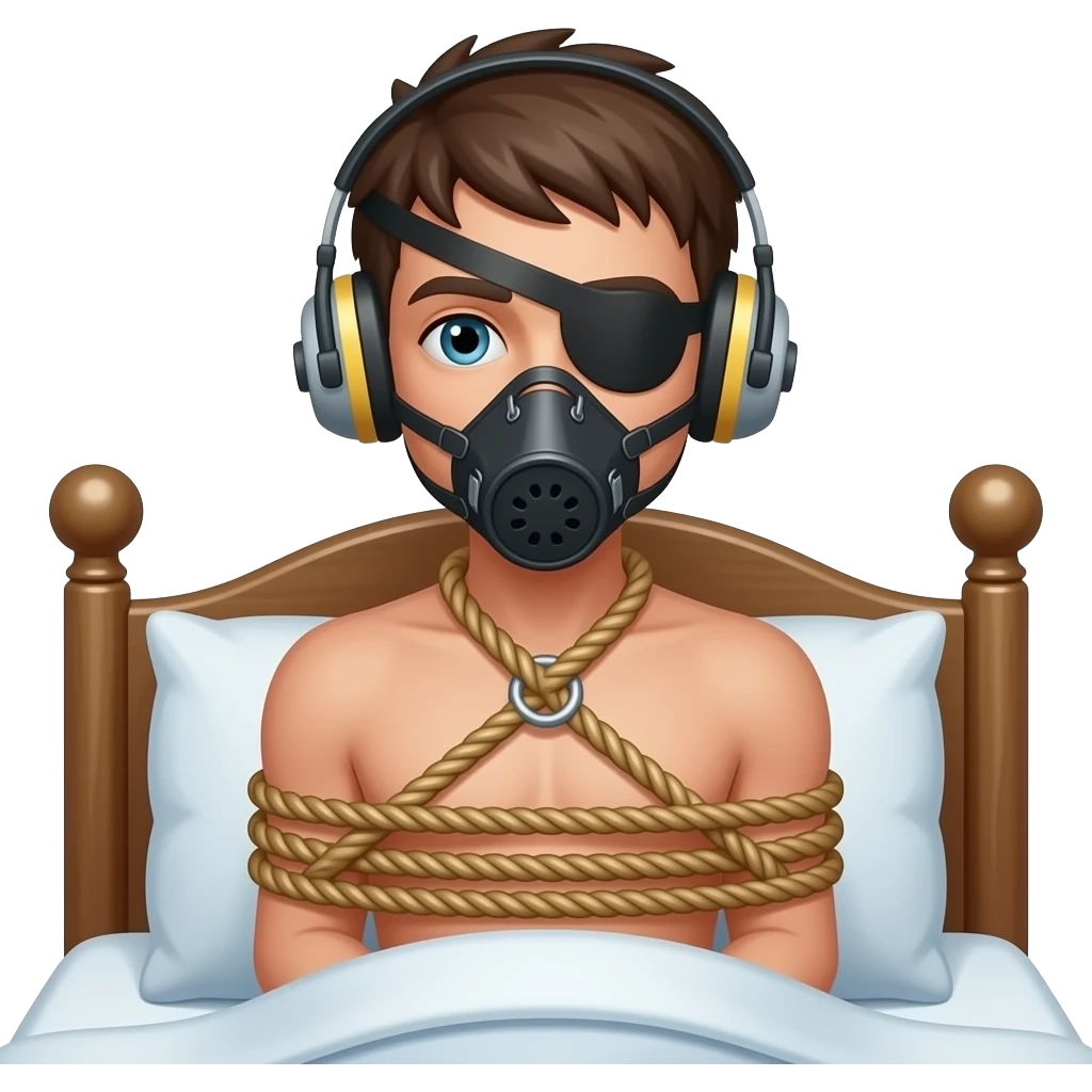 Rope Bondage naked boy bed tied blindfolded muzzle earmuffs emoji