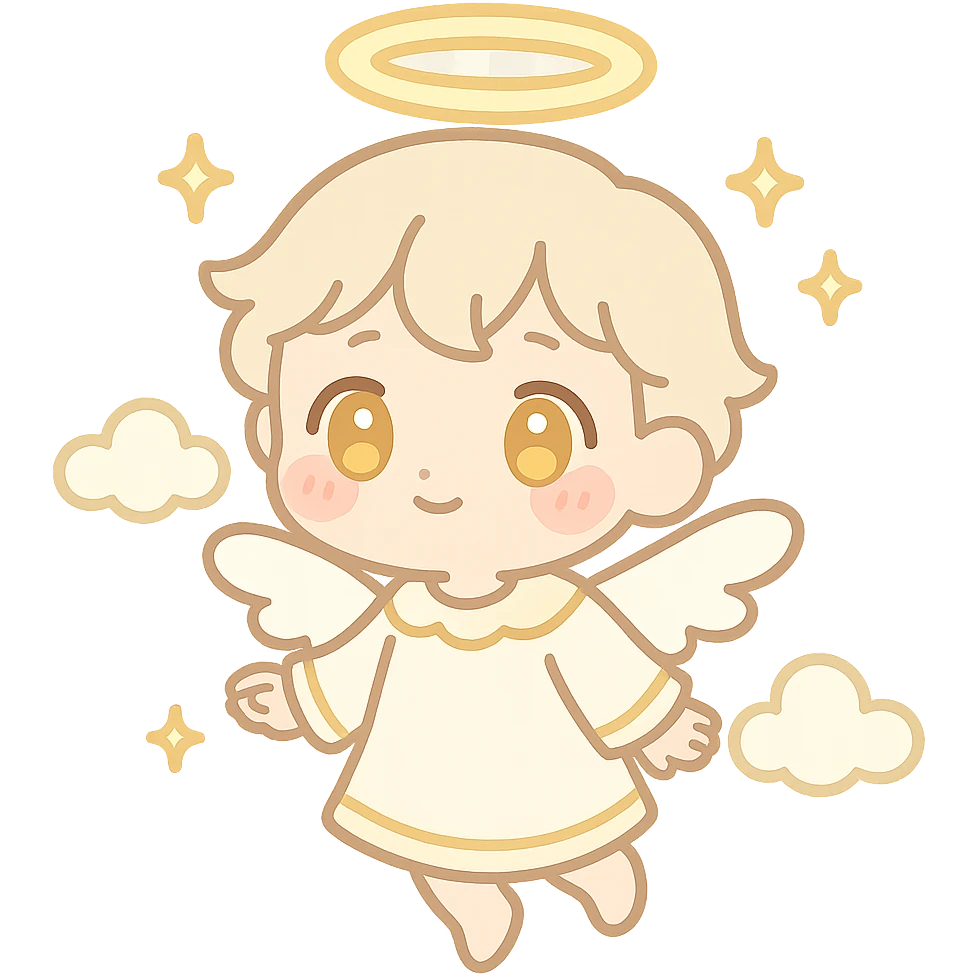 chibi angel character with soft glowing halo, tiny white wings, golden eyes, blushing cheeks, pastel white and gold outfit, floating pose, dreamy expression, sparkles and clouds around, kawaii celestial sticker emoji