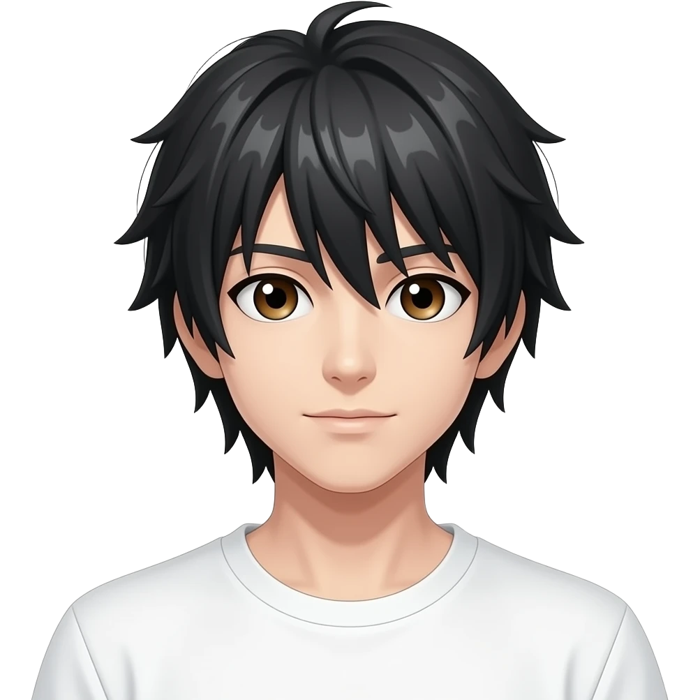 L der Anime Charakter von death note er hat schwarzr haare nd blond er hat braune augen sehr blasse haut weißes t-shirt eine person  emoji