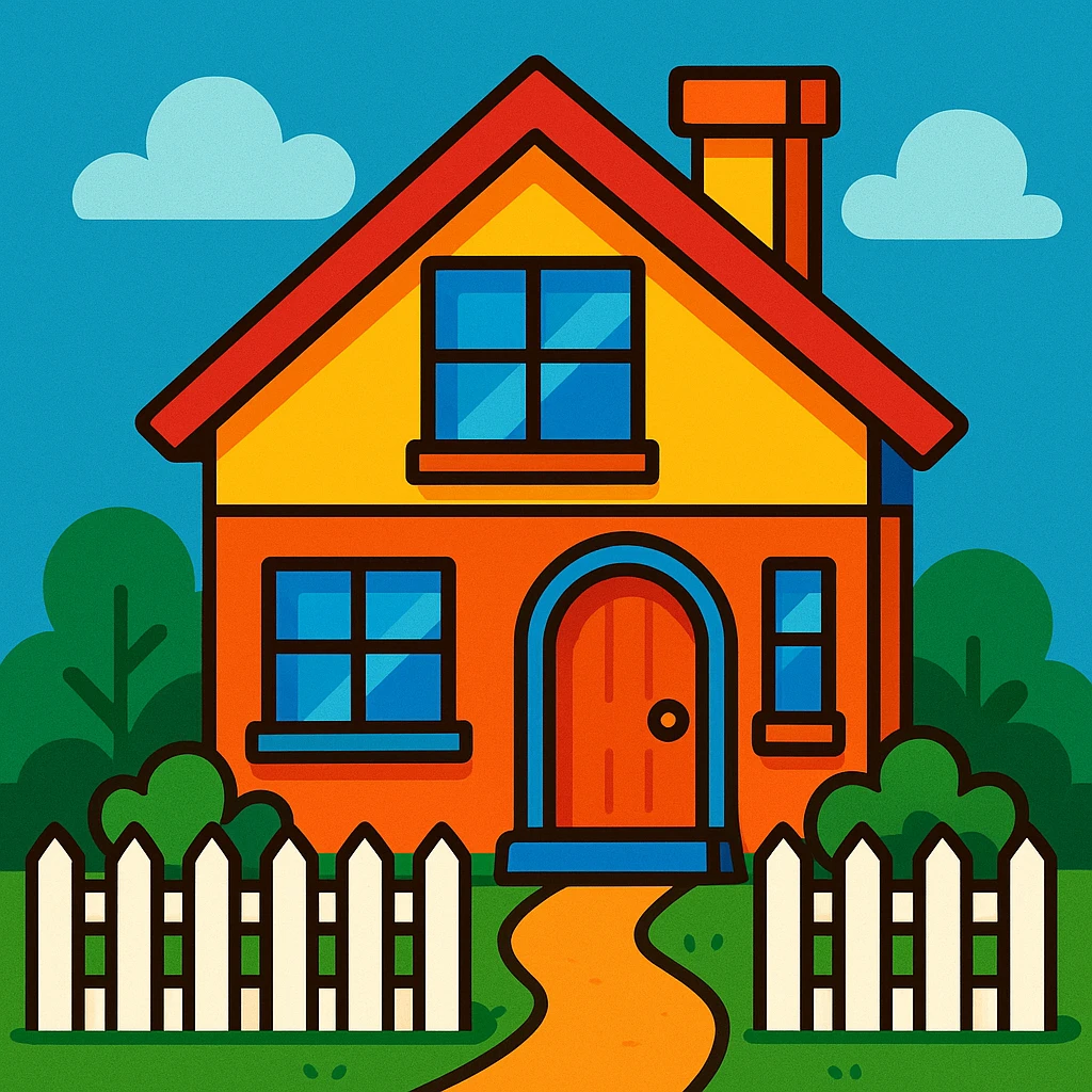 a cheerful family house with a picket fence, in a vibrant toon style emoji