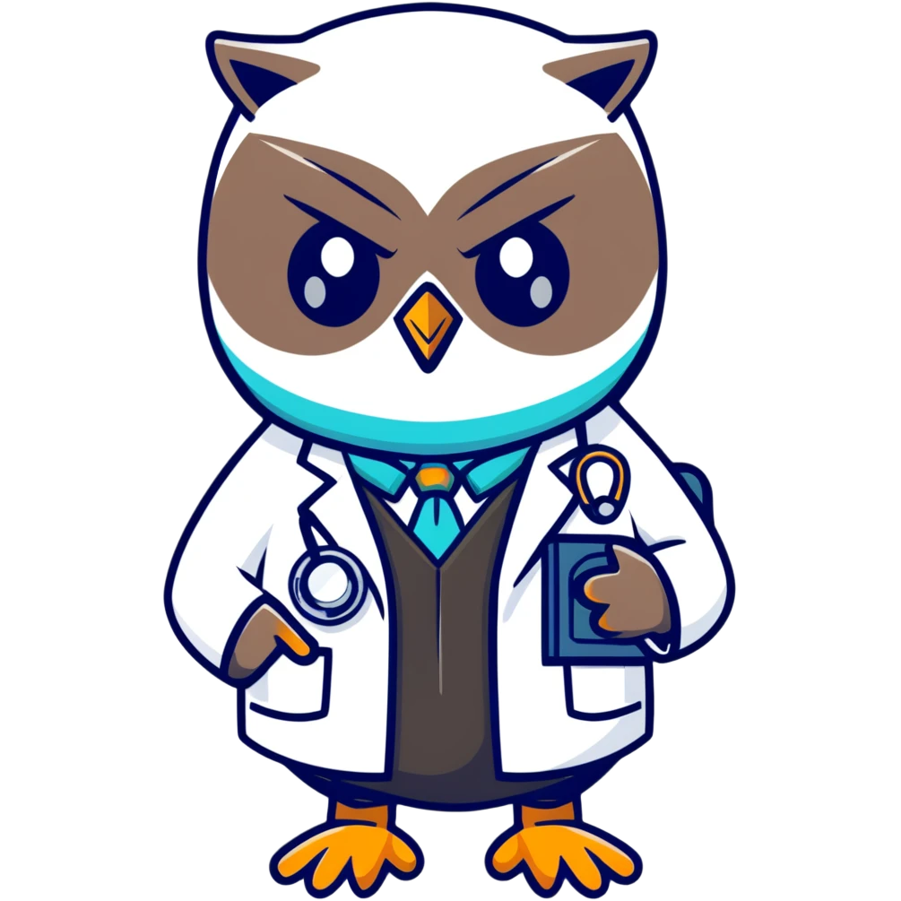 Twilio owl wearing doctor outfit with stethoscope and white coat emoji