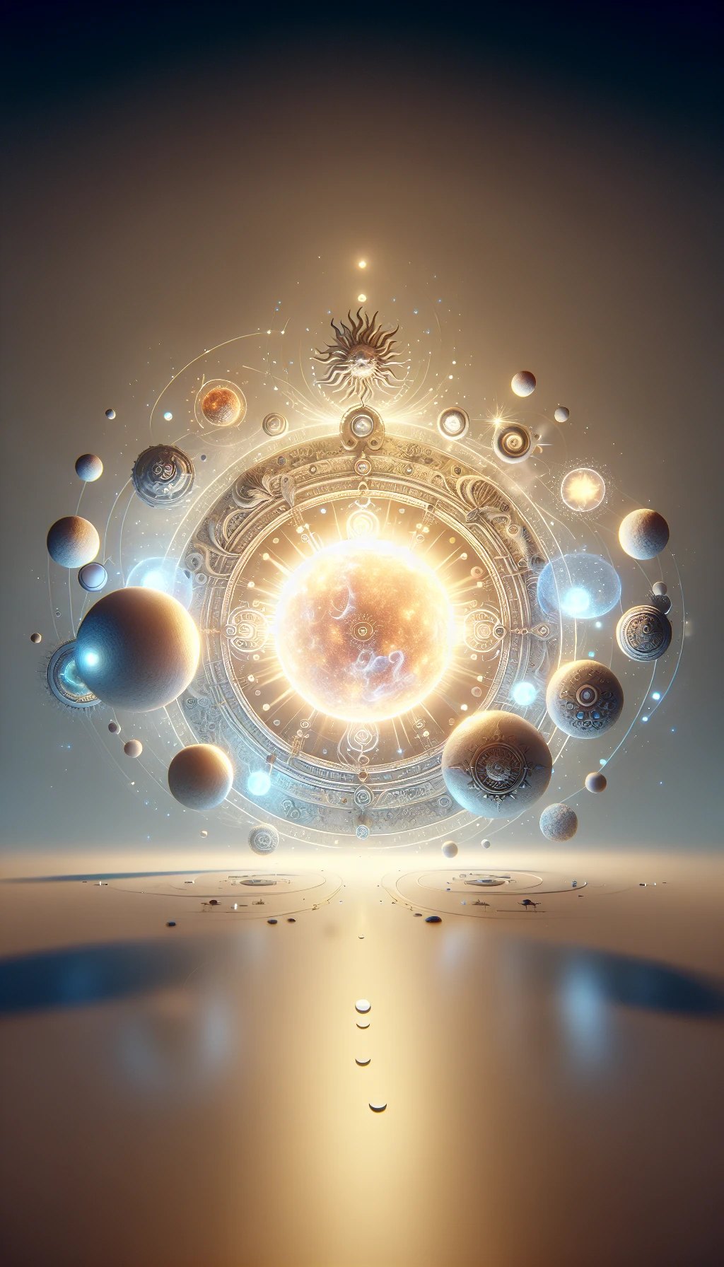 il sole è dio, sfondo mistico neutro chiaro, attorno al sole fluttua una magia mitologica, iperrealistico 4k emoji
